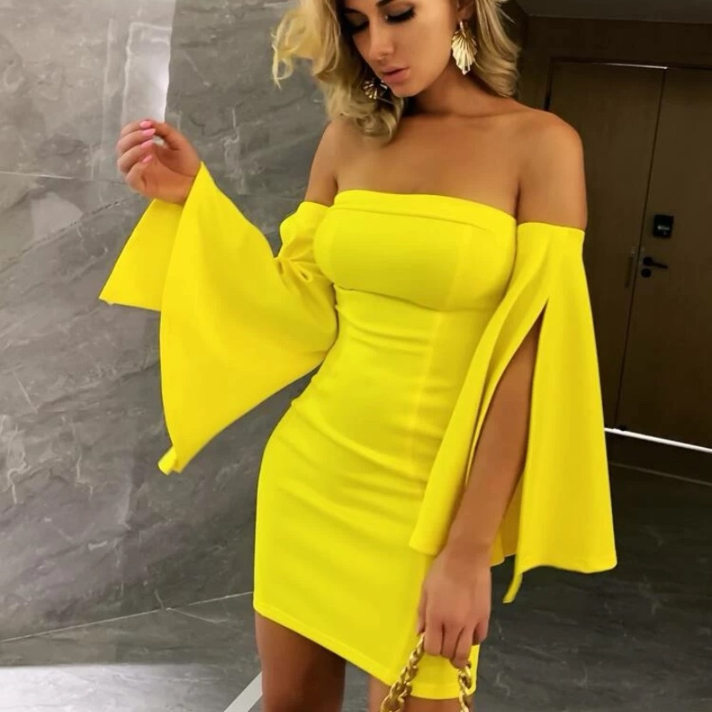 Neon yellow off the shoulder sleeve dress with back slit